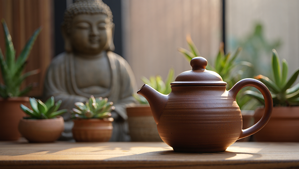 Clay teapot with Buddha statue in background