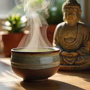 Steaming tea bowl with Buddha statue in background
