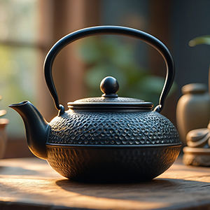 Traditional clay teapot with plants in background