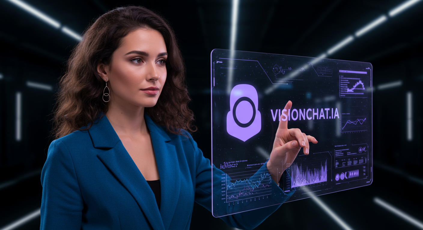 Moça tocando tela holográfica Vision Chat.ia